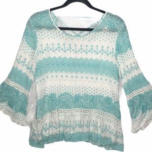 Boho Aqua Blue White Flutter Sleeve Top Women's Size Medium
